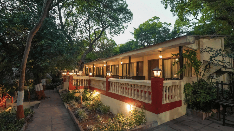 A side view of the facade at Adamo The Village in the evening, featuring warm lighting and lush greenery surrounding the area.
