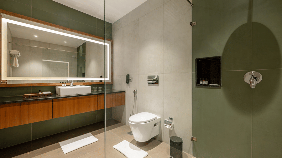 an interior of a bathroom with a single faucet and a WC at Ananta Spa and Resort, Ajabgarh