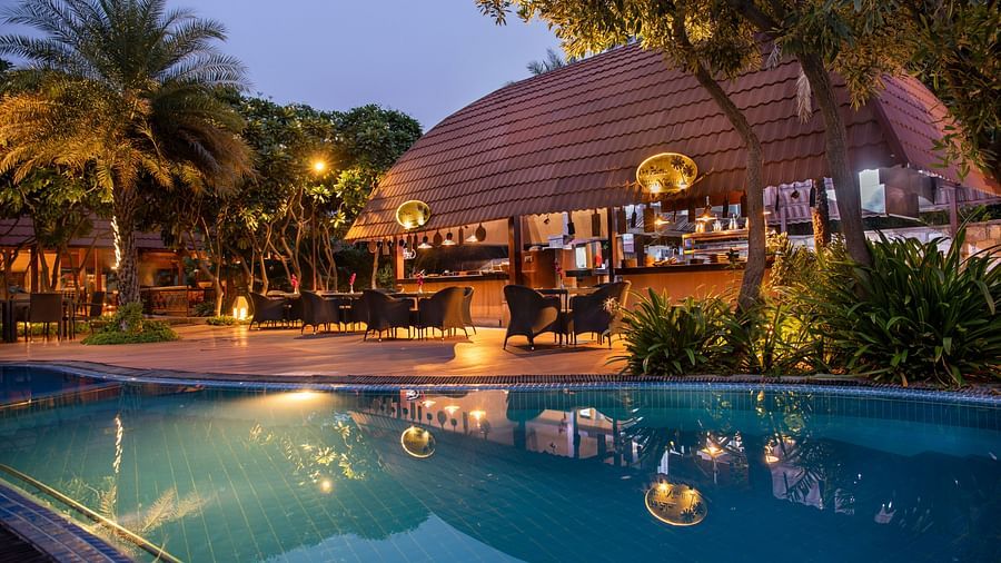 swimming pool and outdoor banquet hall at our resort in Pushkar