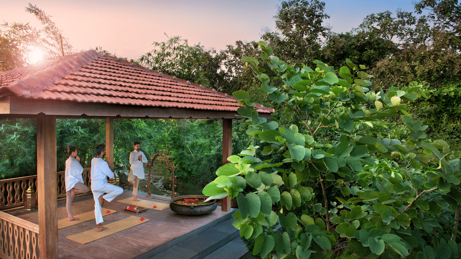 Open-air yoga pavilion at Aramness, surrounded by lush green trees, where guests and an instructor practice yoga at sunrise, evoking tranquility and connection with nature.