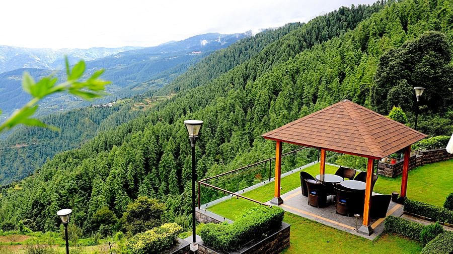 outdoor sitting area surrounded by lush green valley - Aranya Himalayan Retreat, Mashobra