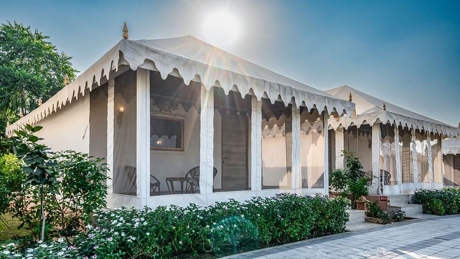 A row of luxurious tents at Buena Vista Luxury Garden Spa Resort, bathed in sunlight against a clear blue sky.