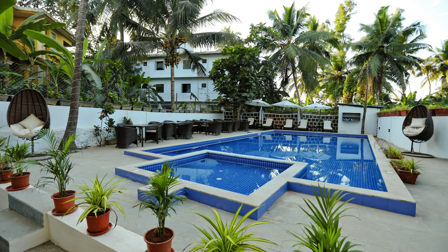 Swimming pool with trees in front and a row of plants on one side at Amara Grand Baga, Goa.