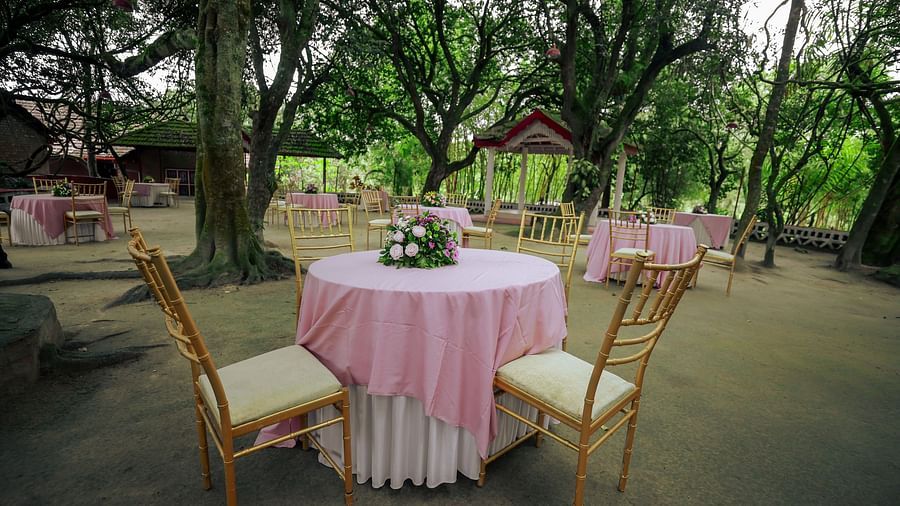 A close up shot of the seating arrangement with decor on the table at The canopy, Capitol Village Resort, Madikeri