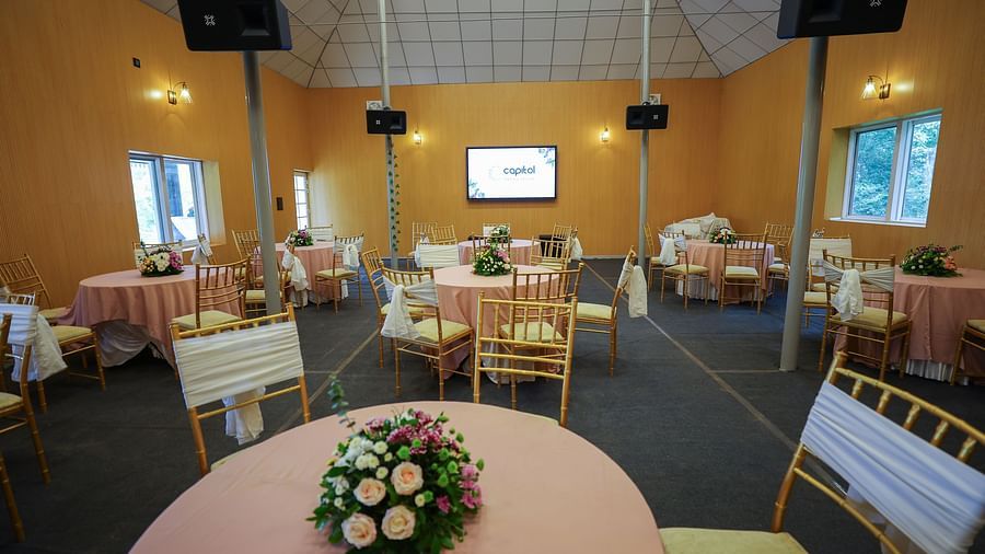 A close up view of the seating arrangements at The Carp, Capitol Village Resort, Madikeri