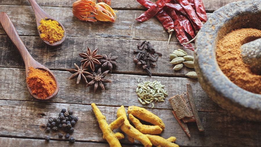 Spices placed on a wooden table