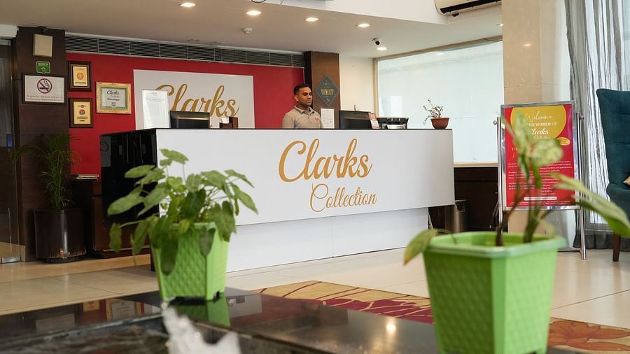 Reception area at A reception hall featuring a painted wall at Clarks Collection, Bhavnagar