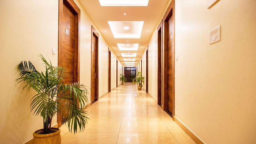 Room doors with a flower pot kept at entry