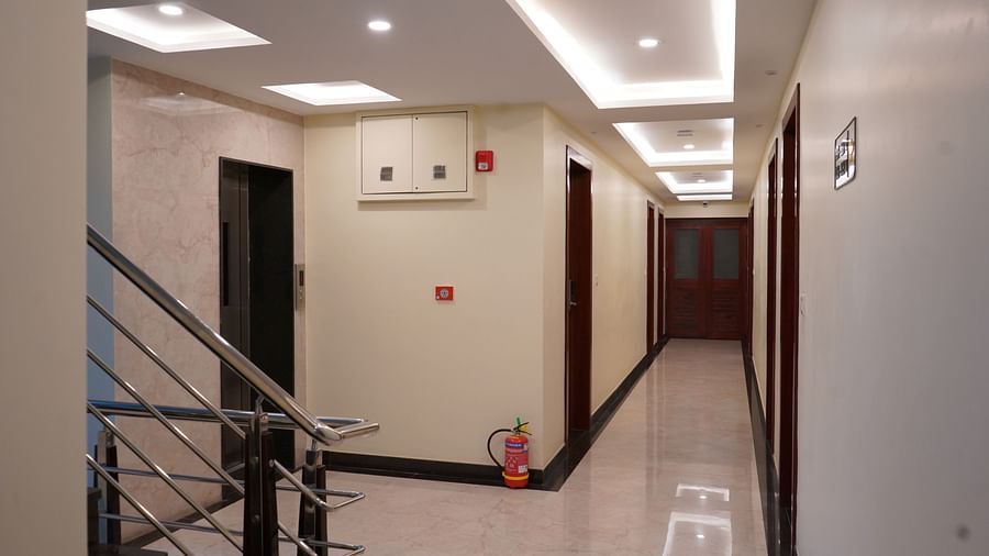 An image of a lobby leading to corridors and staircases at Five Elements Hotel, Jodhpur