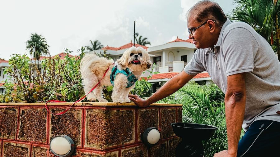 an old man with a dog at heritage village resort and spa in goa