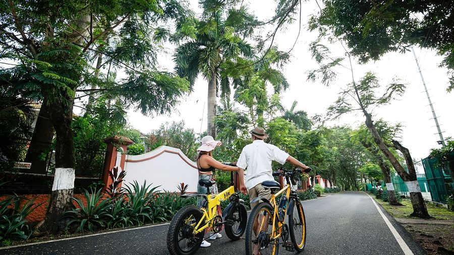 a man and woman with their bicycles on the road