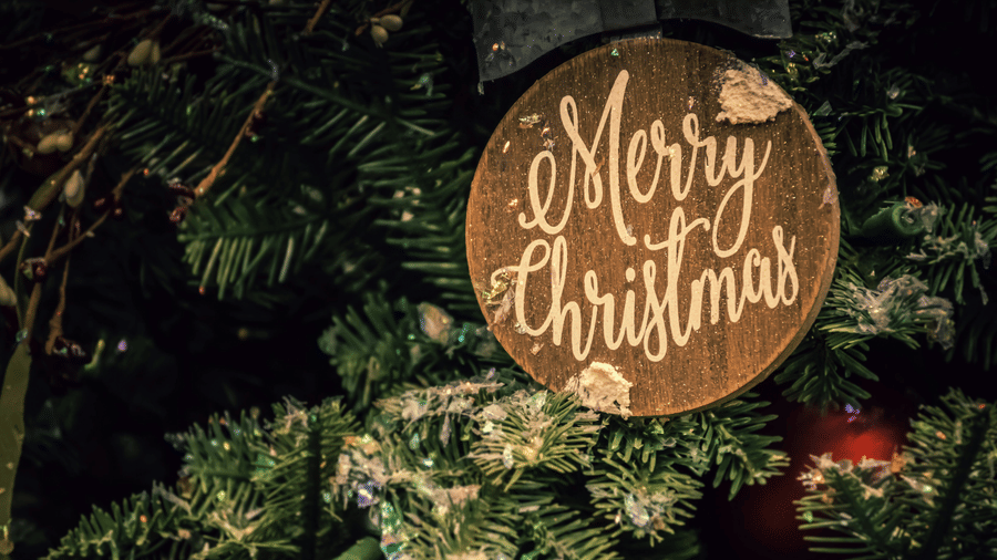 A round wooden sign engraved with 'Merry Christmas' hangs among the green needles of a festive pine tree branch.