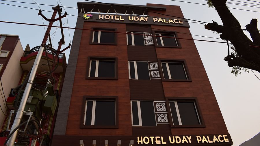 A scenic exterior view of Hotel Uday Palace, the best hotel in Varanasi, set against the sky.