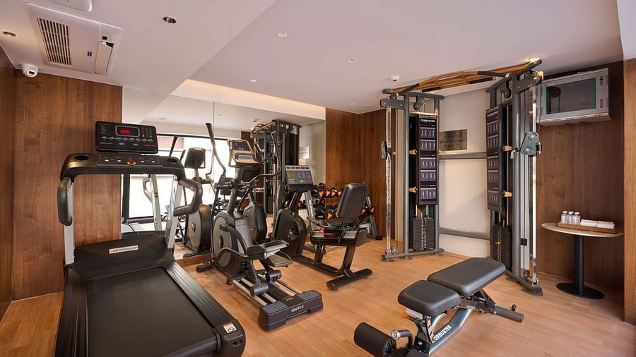 A hotel fitness centre is equipped with a treadmill, cross trainer, various weight machines, and free weights, providing guests with options for exercise. - Iris Sarovar Portico, Sector 85, Gurugram