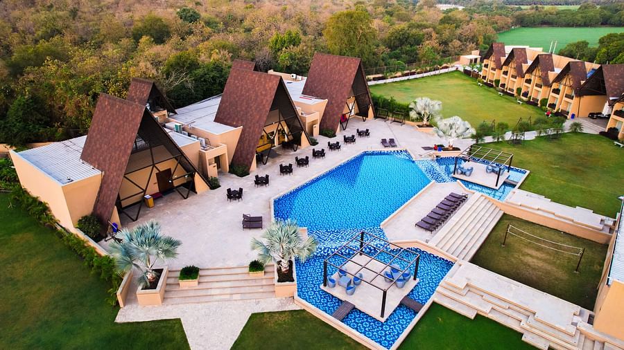 Aerial view of cottages and swimming pool at Jagira Ananta Elite