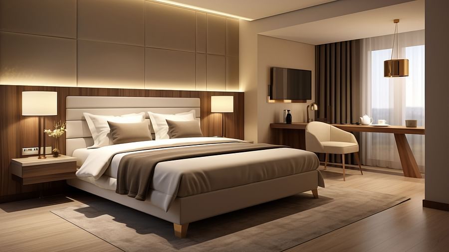 A spacious, well-lit room featuring a double bed, ambient lighting, contemporary decor, a seating area, and large windows with curtains.
