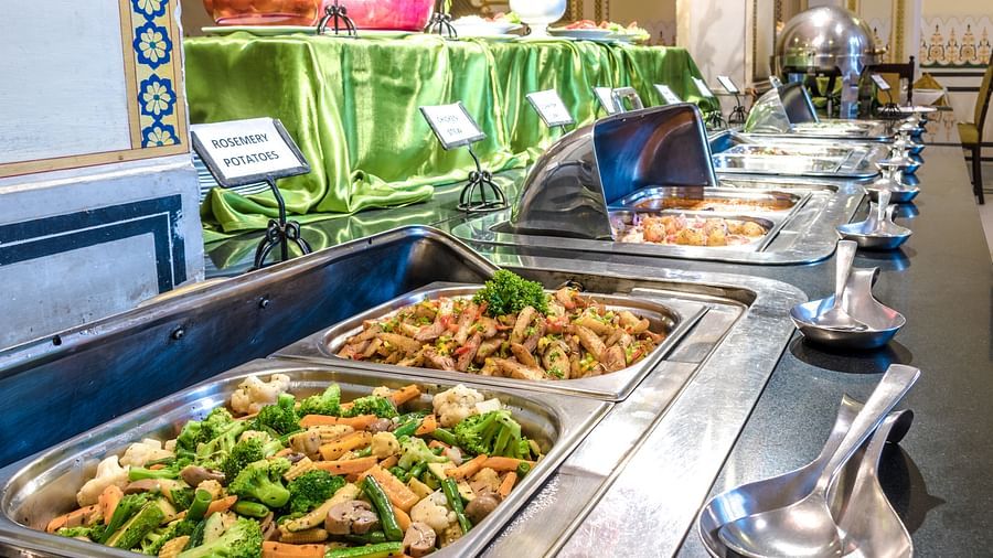 Close up image of the food on the buffet counter at Hari Mahal - Mandawa Haveli, Jaipur
