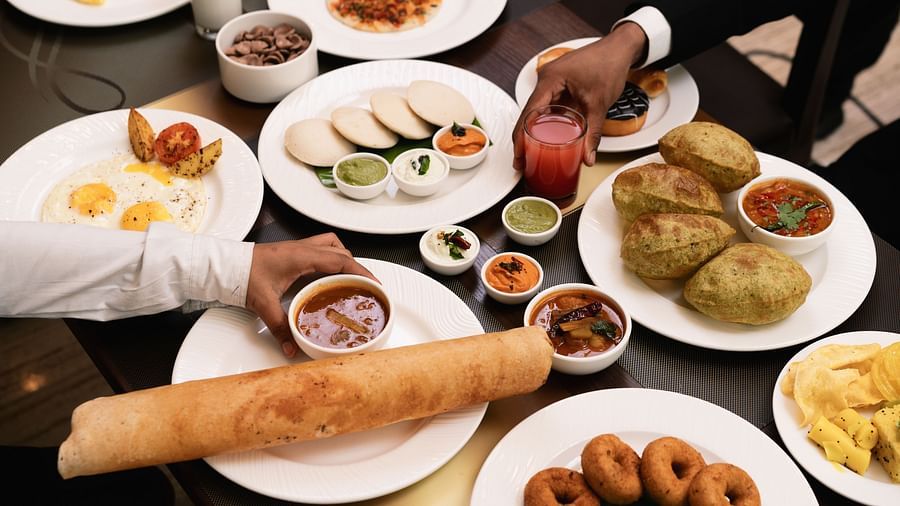 A top angle view of south indian food served.