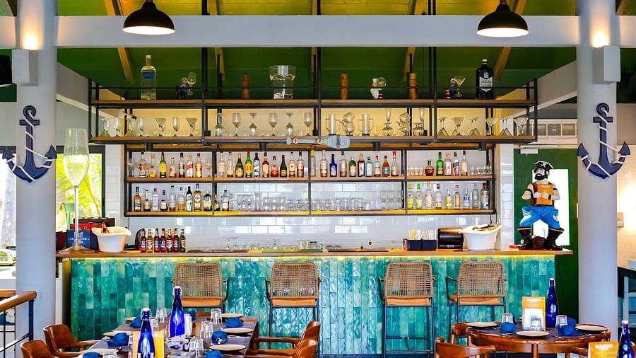 Bar seating and wall shelves at Ezr and Bar with green accents and decor.