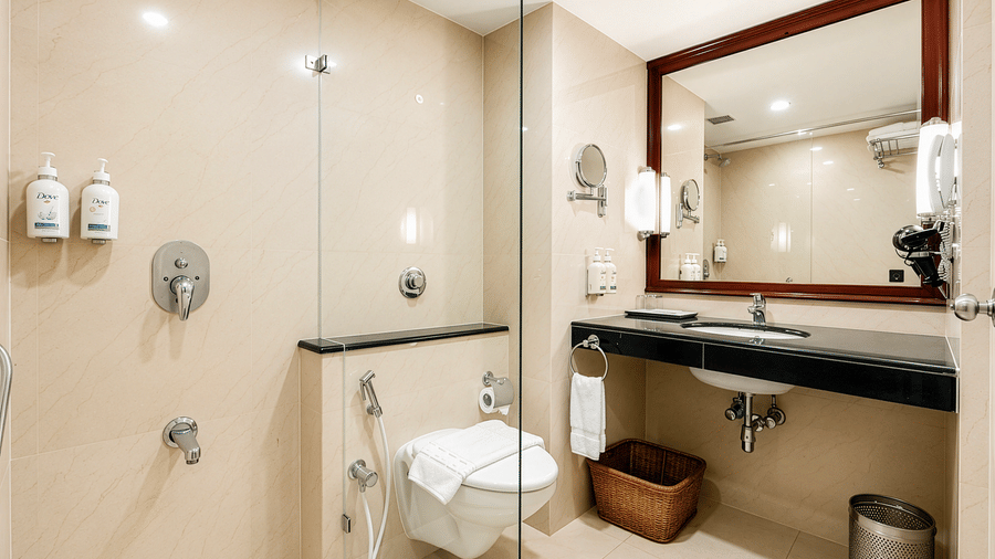 MGM Mark Whitefield |  A bathroom with a toilet seat, a mirror, and toileteries.