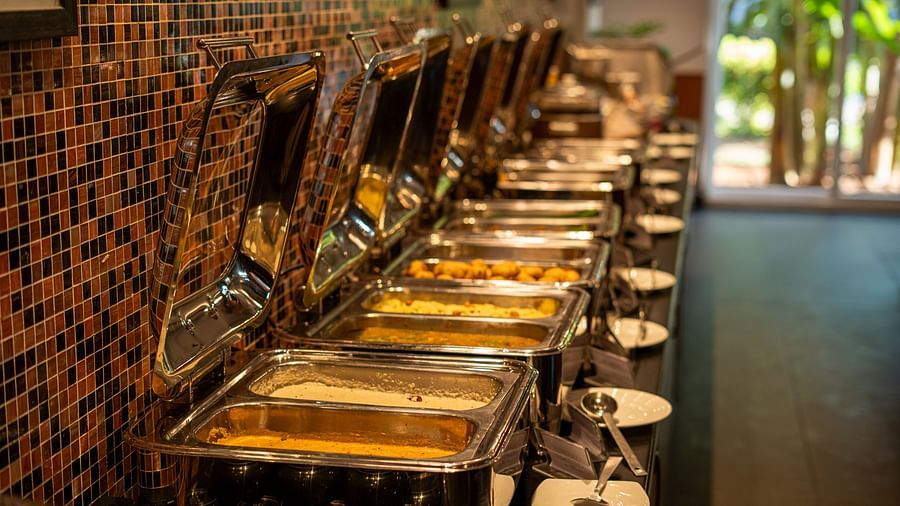 A close-up shot of the food placed on the buffet counter