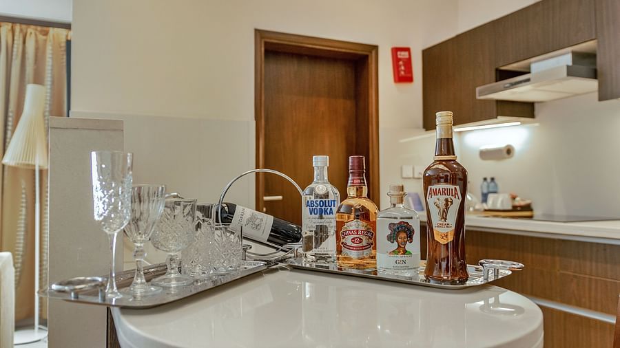 A luxurious bar counter in the penthouse suite at Neelkanth Sarovar Premiere Lusaka