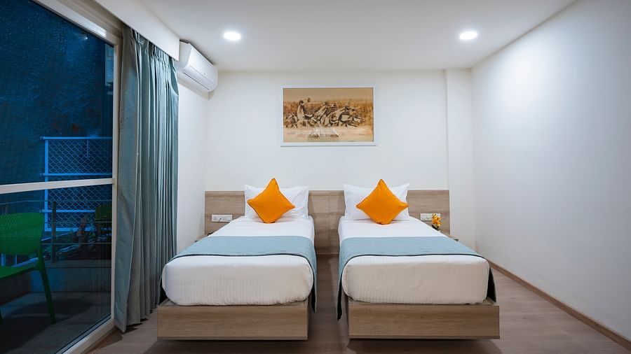 Cosy twin beds in Studio Twin Room at Nest by Rivido Apart Hotel, Bannerghatta Road