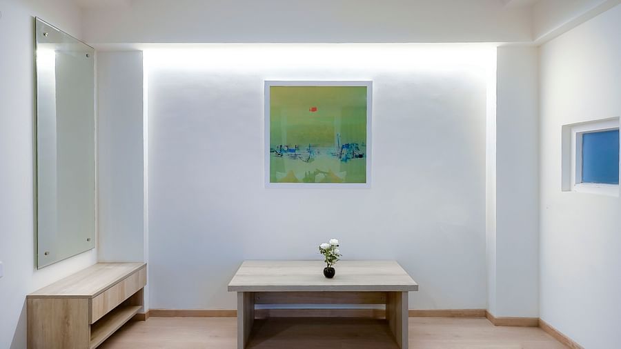 Mirror mounted in corner at  Studio Twin Room at Nest by Rivido Apart Hotel, Bannerghatta Road