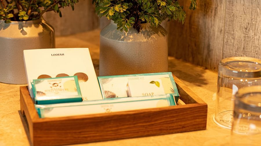 A close-up of hotel amenities including a loofah, soap, and shaving kit arranged on a wooden tray next to a potted plant.
