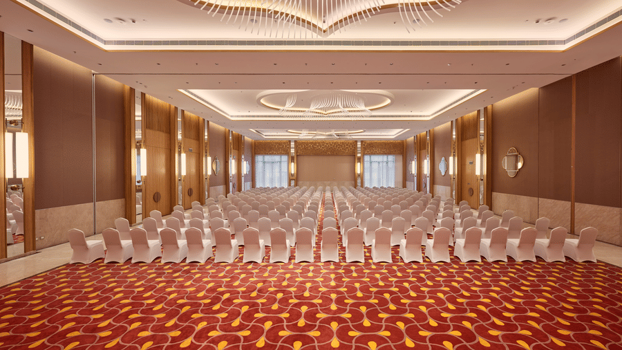 Large banquet hall at Prachi Sarovar Premiere, Bhubaneswar, arranged with rows of chairs facing forward, patterned carpet, and ceiling lights.