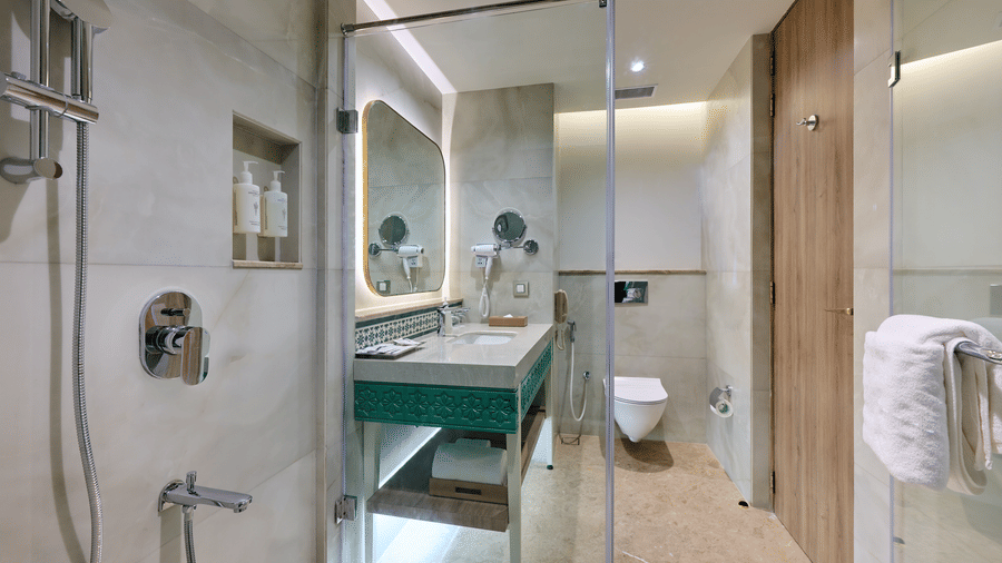Bathroom interior at Prachi Sarovar Premiere, Bhubaneswar, showing a shower area, a vanity unit with a mirror, and a toilet fixture.