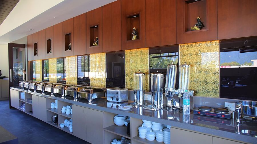Buffet counter with wooden countertops