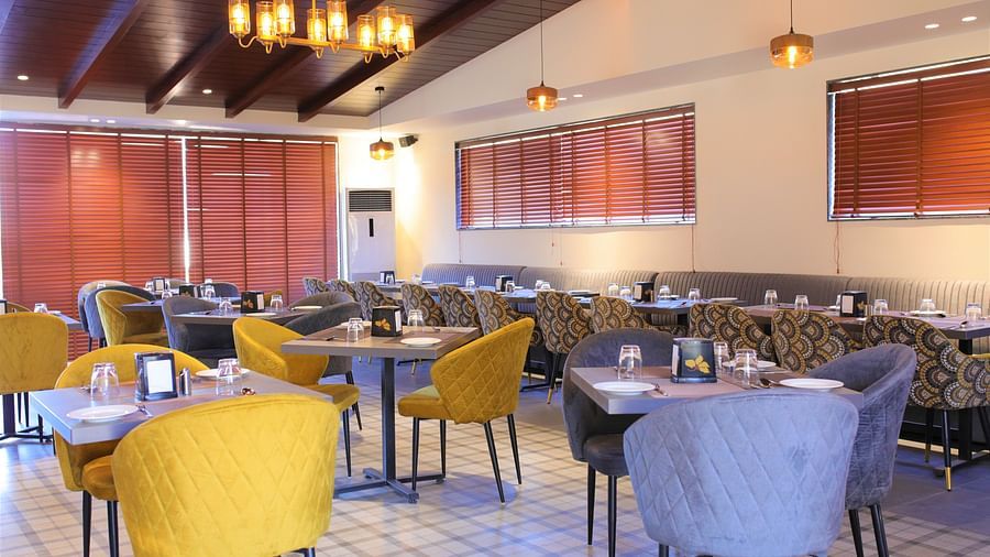 Cafe with blue and yellow comfortable and plush chairs