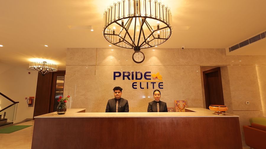 reception desk at Pride Elite, Haridwar during evening