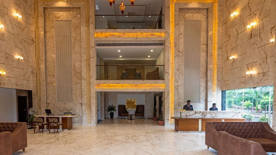 the well-lit Lobby of Pride hotel Bhopal