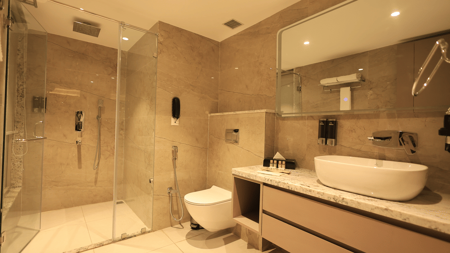 Pride Premier Alwar | a bathrrom with a floating shower head, toilet, a sink, and a mirror.