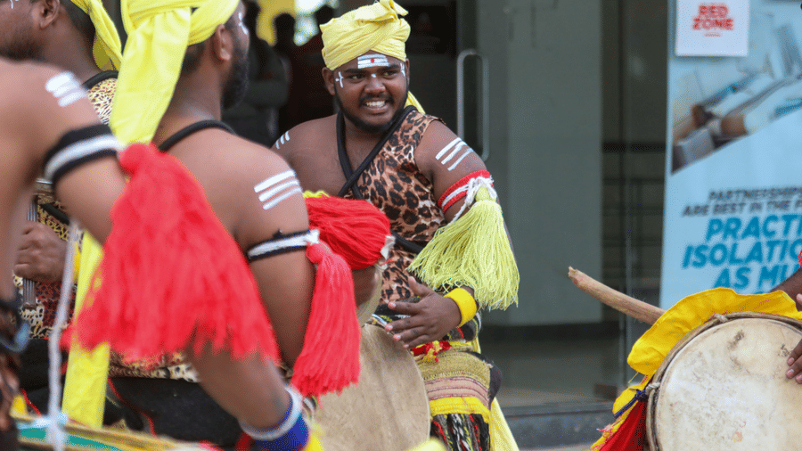 Traditional folk drummers performing during a Madras Day 2026 cultural celebration in Chennai.
