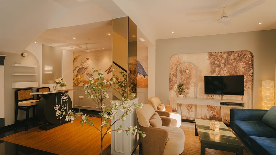 Luxurious and spacious living room with elegant furnishings in Three BHK Premium Villa, Richmonde Ananta Elite, Goa.