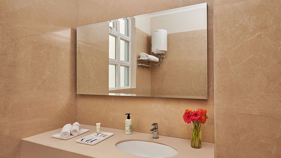 toiletries and a flower vase in the vanity area of DELUXE ROOM - Royal Kingdom Sarovar Portico, Pilibhit