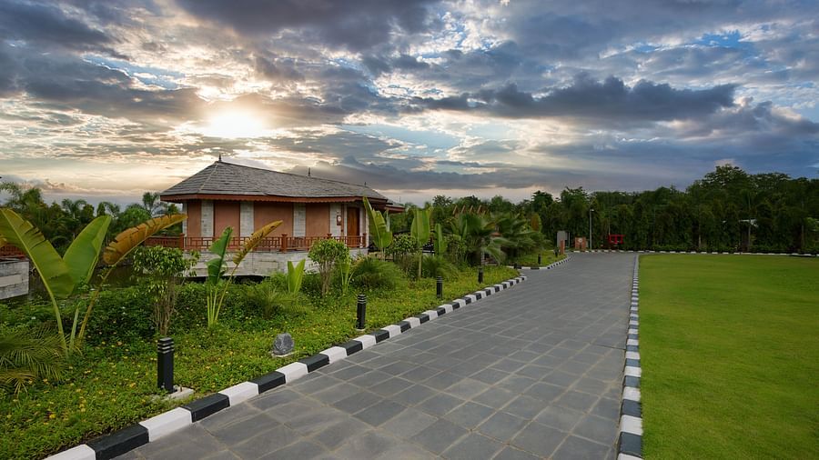A well-maintained pathway at a hotel in Chitwan leading to the accommodations, featuring manicured lawns on both sides - Royal Tulip, Chitwan