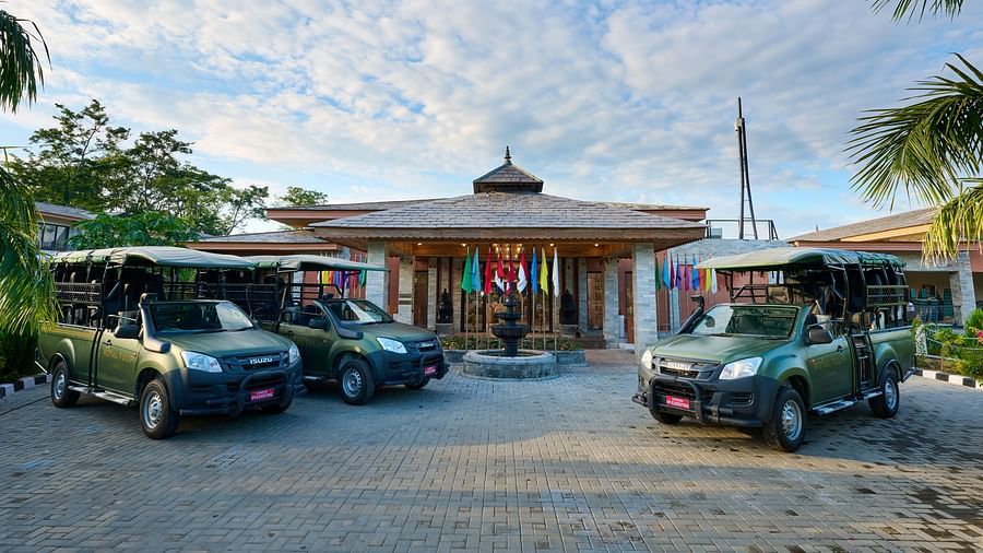 Safari jeeps lined up outside the hotel with a well-maintained parking area featuring palm trees - Royal Tulip, Chitwan