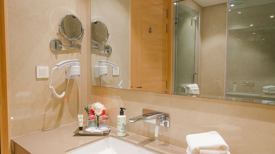 Modern bathroom with vanity counter and shower space in the Superior Room at Sarovar Portico, Ajmer.