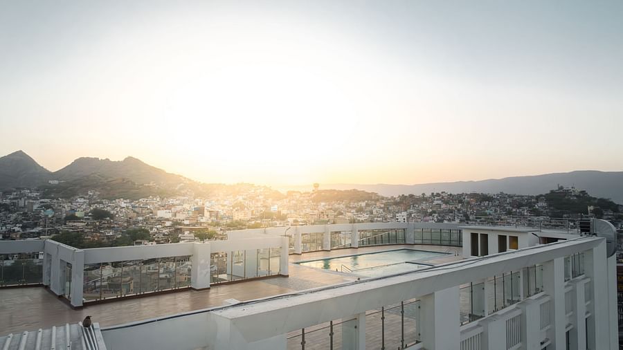 Rooftop view at sunrise from Sarovar Portico, Ajmer with Aravalli Hills in the background