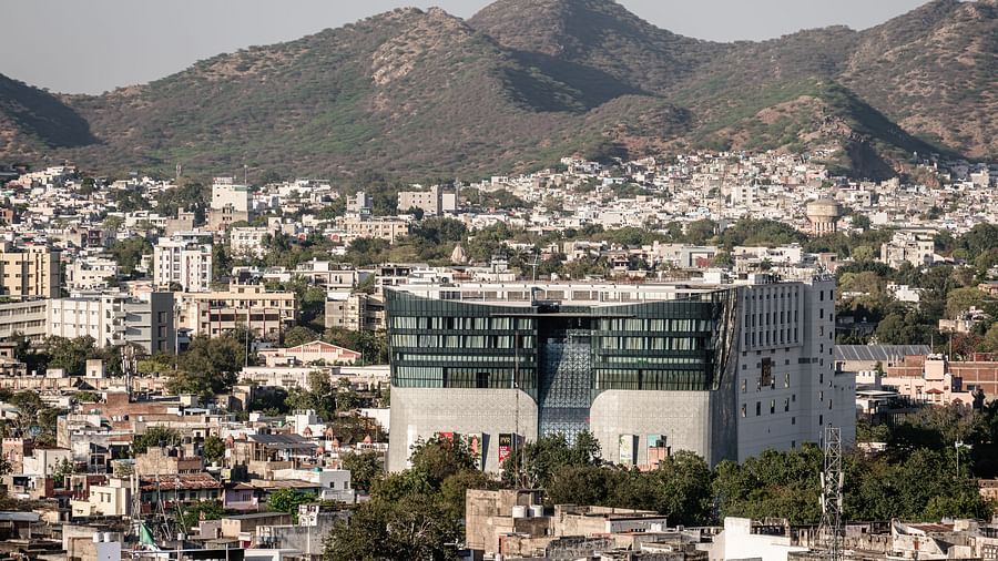 Aerial view of Sarovar Portico, Ajmer nestled amidst the Aravalli Hills