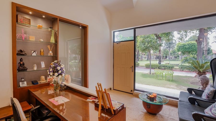 Modern and stylish reception area at Shri Radha Brij Vasundhara Resort & Spa, Mathura