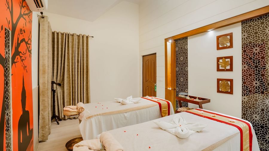 Serene spa room with massage beds and relaxing decor at Shri Radha Brij Vasundhara Resort & Spa, Mathura