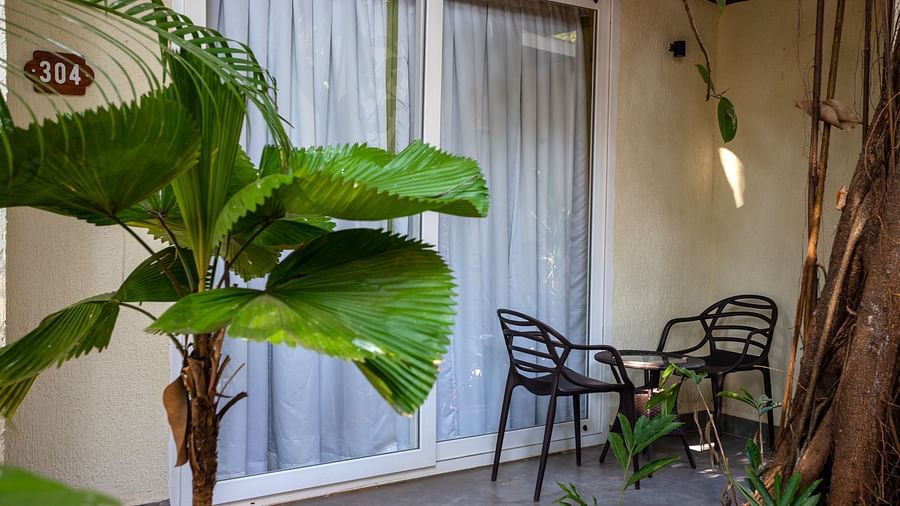 exterior image of the private balcony area with two chairs along with a coffee table surrounded by greenery at sibaya beach resort, morjim beach 
