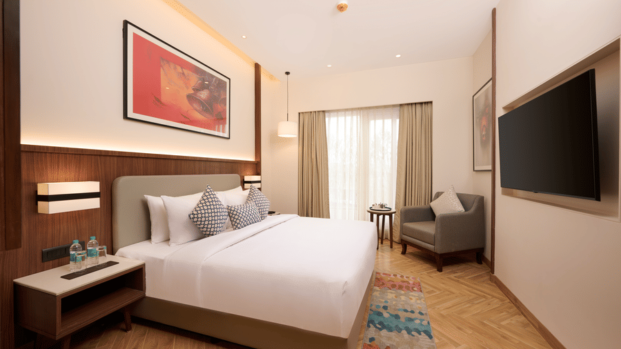 Skywings Sarovar Portico Mathura standard twin room wide-angle view with two beds, wall-mounted TV, gray sofa, patterned rug, and wooden flooring.