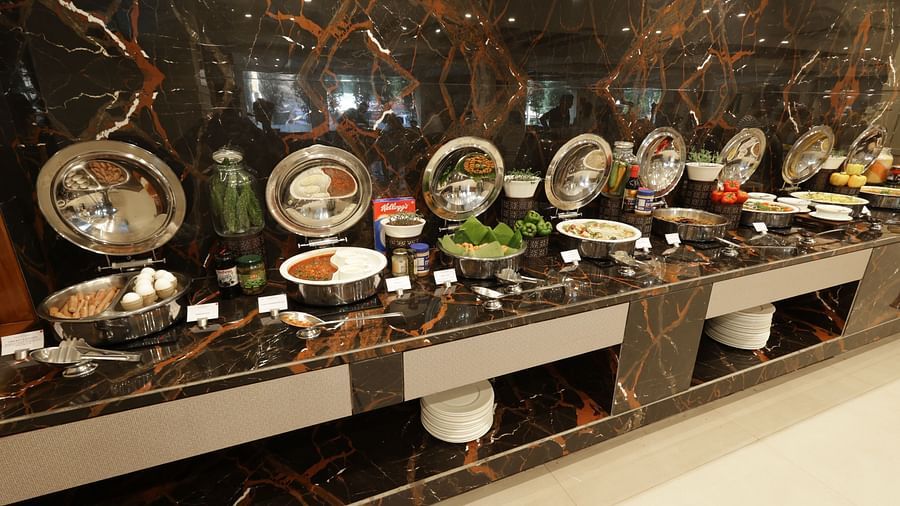 Food presented in a buffet style at Sobit Sarovar Portico, Goa