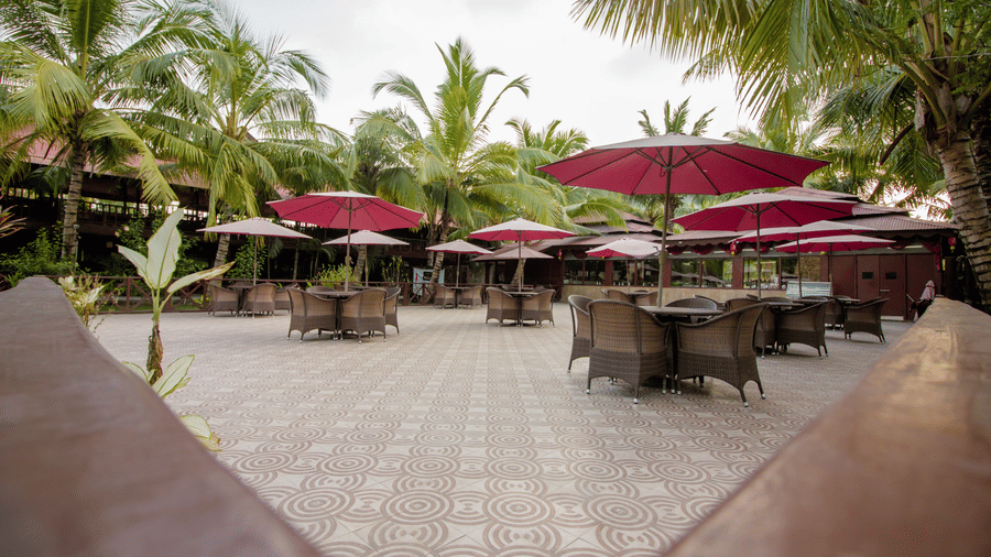 Outdoor seating area of Budha Garden, a restaurant serving the best seafood in Havelock.